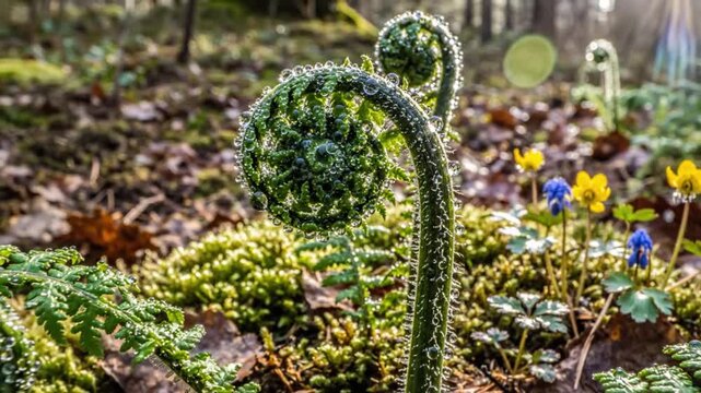 Morning dew on fiddlehead ferns in a forest with moss, small flowers, and sunlight during spring time