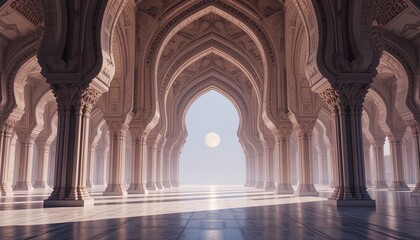 Ornate architectural arcade extends into a brightly lit opening where a celestial body hangs in the sky