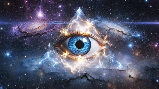 Mystical all-seeing eye of providence within cosmic galaxies and universe with stars