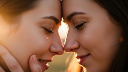 Two women sharing a tender moment face to face with foreheads touching and eyes closed in a warm embrace