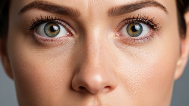 A close-up portrait of a woman with green eyes and brown hair looking directly at the camera with a neutral expression.