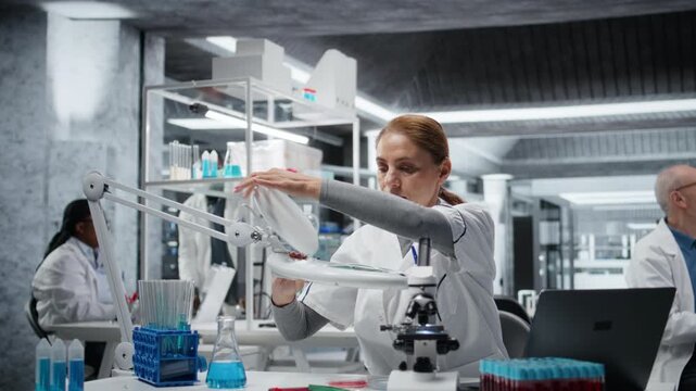 Microbiologist holding petri dish up to light to check for bacterial colony growth. Female technician inspecting agar plate culture for visible signs of contamination, camera A