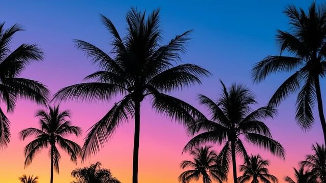 Tropical sunset silhouette with palm trees against a vibrant gradient sky.