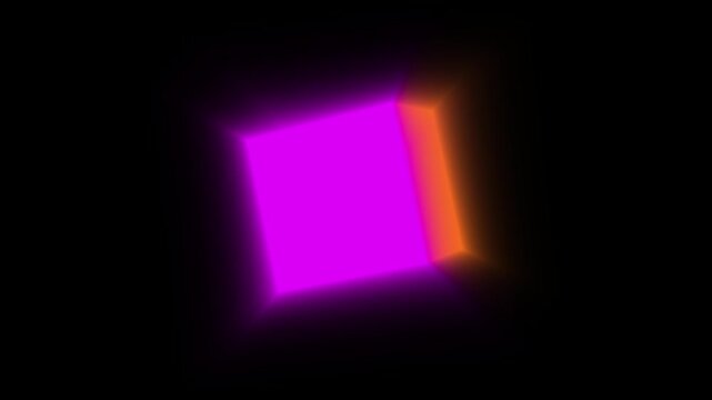 Abstract colorful glowing 3d cube with neon pink orange and green faces rotating on black background
