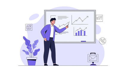 Man presenting business growth chart on whiteboard, marketing strategy concept