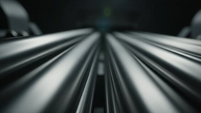 Low angle close-up shot of parallel metal tubes gleaming with light in a dark environment