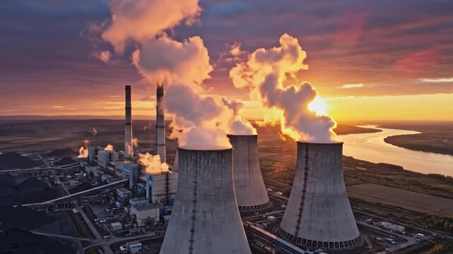 Industrial power plant with towering smokestacks and cooling towers emitting steam during a beautiful sunset over the river.