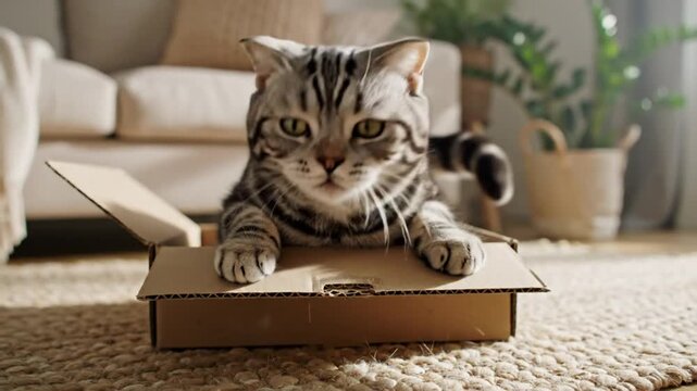 Curious silver tabby cat playfully exploring a cardboard box inside a cozy living room with natural light