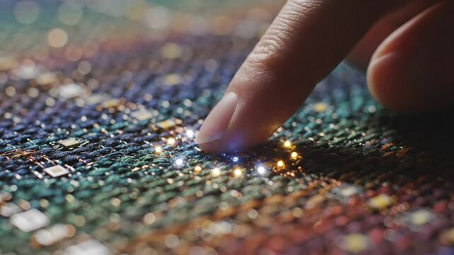 Interactive fiber optic textile with integrated electronics lights up when touched, demonstrating smart fabric technology