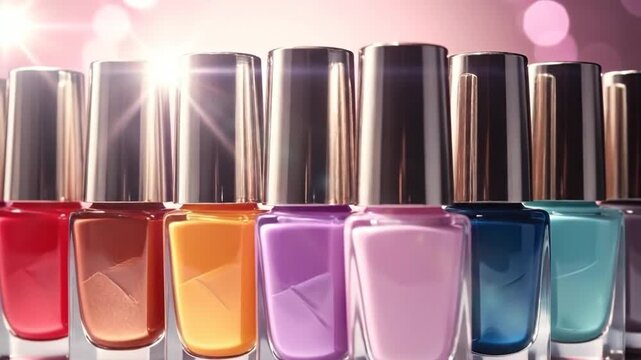 Colorful nail polish bottles arranged in a row, creating a vibrant cosmetic display.