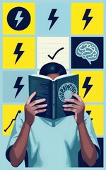 Person reads book, surrounded by brain icons and lightning bolts symbolizing learning or inspiration.