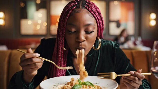 Woman savoring delicious pasta dish at a fancy restaurant, enjoying a gourmet Italian meal, foodie lifestyle