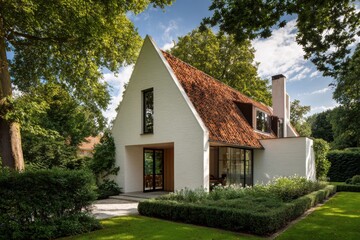 A brand new house boasts a distinctive architectural design, set amidst lush green trees and a vibrant garden, all bathed in the warm sunlight of a beautiful day