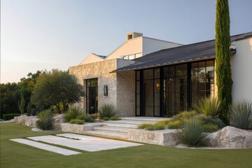 Modern house sits on green lawn with natural stones and shrubs during sunset, showcasing clear skies and architectural design