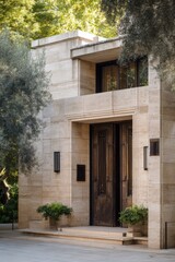 Modern building with a simple design and large doors surrounded by greenery located in a peaceful area during daylight hours