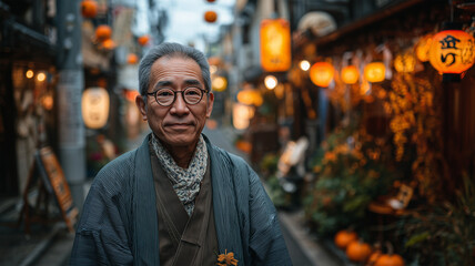 Obraz premium 日本人男性が和装風の幽霊衣装で街に佇む