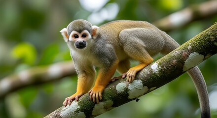 Fototapeta premium Squirrel Monkey Perched on Branch in Lush Green Forest.