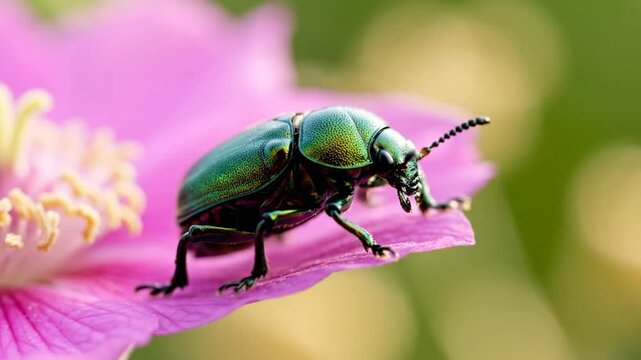 Iridescent jewel beetle perched on a delicate pink flower petal with a blurred green background