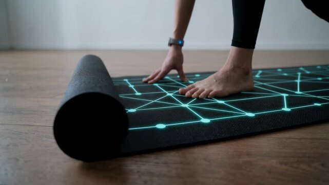 Person standing on smart yoga mat with glowing circuit pattern and rolled edge