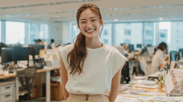 日本人女性が夏の軽装でオフィスに立つ