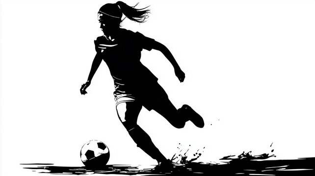 女性がサッカーをドリブルするシルエット