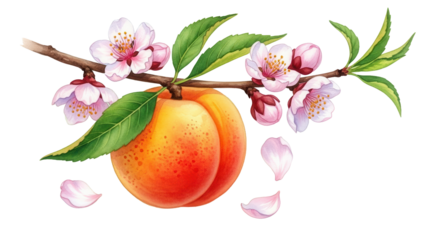 Watercolor peach fruit and blossom branch. Sweet summer food illustration for jam label and kitchen decor.