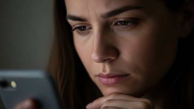 A worried woman looks at her smartphone with a concerned expression in a dark room