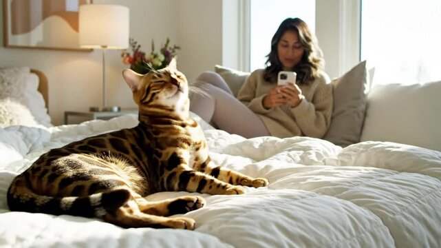Cozy morning scene: Bengal cat relaxes on bed while owner uses phone in bright bedroom setting