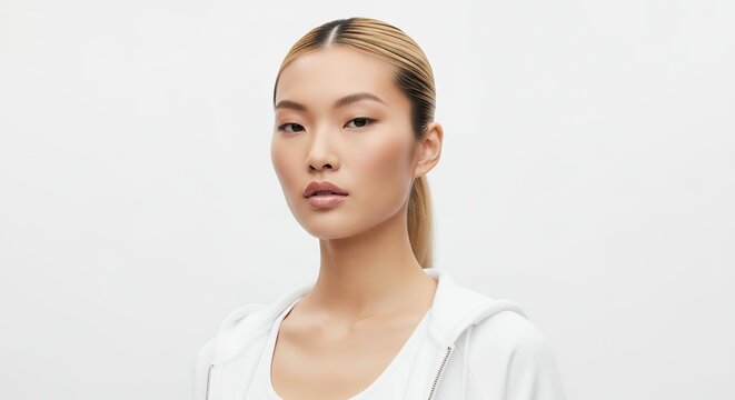 Serious young Asian woman with a sleek ponytail looking directly at the camera.