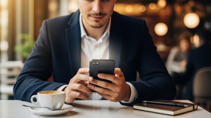 A businessman in a suit sits at a table in a cafe, checking his phone while enjoying a cup of coffee.
