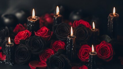 Lit candles surrounded by red and black roses in a dark and mysterious atmosphere from a close-up viewpoint