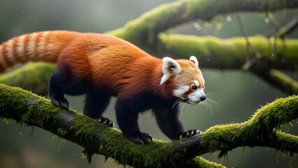 Fototapeta premium A red panda moves along forest branches surrounded by soft green light. The image emphasizes curiosity, balance, and the natural beauty of forest wildlife.