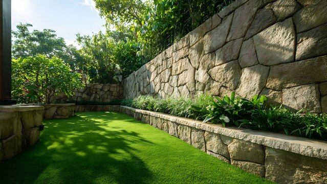 Beautiful landscaped backyard features a retaining wall made of large stones, bright green artificial turf lawn, and lush greenery providing a serene outdoor space.