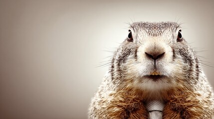 Close-up portrait of a groundhog standing upright against a neutral background
