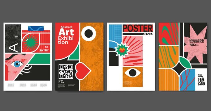 Abstract poster designs set. Moving banner with colorful flyers with geometric shapes, modern forms and text for art exhibition and events. Flat graphic animated cartoon