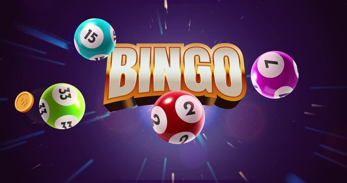 Bingo winner. Moving banner with lottery balls, flying gold coins and text. Jackpot in casino, lotto or gambling game. Winning at casino, luck and victory. Realistic 3D graphic animated cartoon
