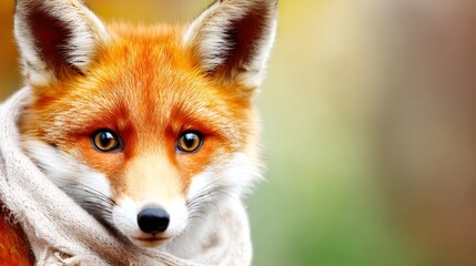 Obraz premium Portrait of a red fox with striking orange fur and sharp eyes wrapped in a cozy scarf against a blurred natural background