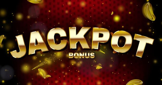 Jackpot bonus text effect. Moving banner with golden shining letters and falling coins on dark background. Gambling, Luck and winning at casino. Headline typography. Realistic 3D animated graphics