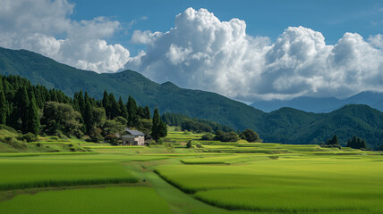 夏の田んぼと入道雲が広がる農村風景