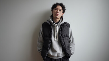 男性がパーカーと中綿ベストで無地背景に立つ