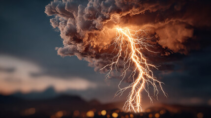 Lightning strikes through dark storm clouds over a landscape.
