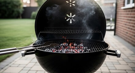 Backyard Barbecue - Grill with Glowing Coals and Rising Smoke.