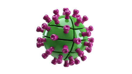 3D Render of a Stylized Green Coronavirus Particle with Purple Spikes