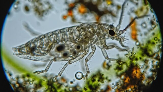 Microscopic view of a Simocephalus serrulatus water flea reveals internal body structures and detail