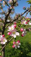 Apple tree blossoms in spring sunshine, a symbol of renewal.