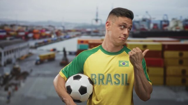 Young blond man holds soccer ball under arm on street at container port wearing yellow green brasil jersey, smirking and pointing thumb over shoulder; pride.