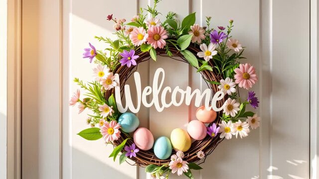 Easter wreath with pastel flowers and colorful eggs hanging on a white door. Decorative welcome sign in script font surrounded by spring blooms. Holiday home decor concept