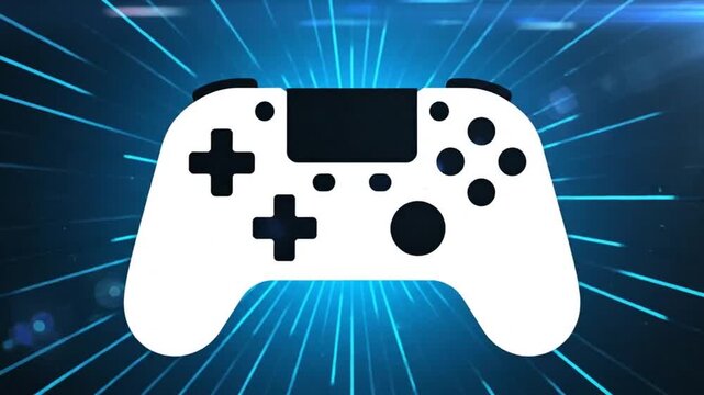Futuristic white game controller in a brilliant blue light beam burst with lens flare effect