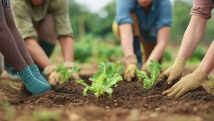 Fototapeta premium Group of people working together, planting young seedlings into rich soil in an outdoor community garden