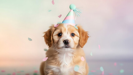 Adorable puppy celebrates National Love Your Pet Day with festive party hat and colorful confetti, bringing joy and warmth